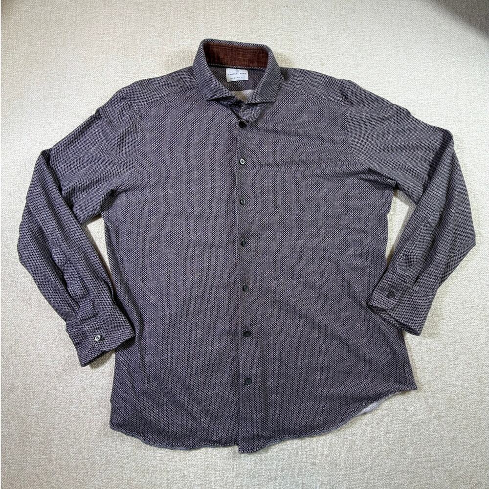 Emanuel Berg Men's 16.5 Large Brown Blue Print Modern Fit Cotton Dress Shirt